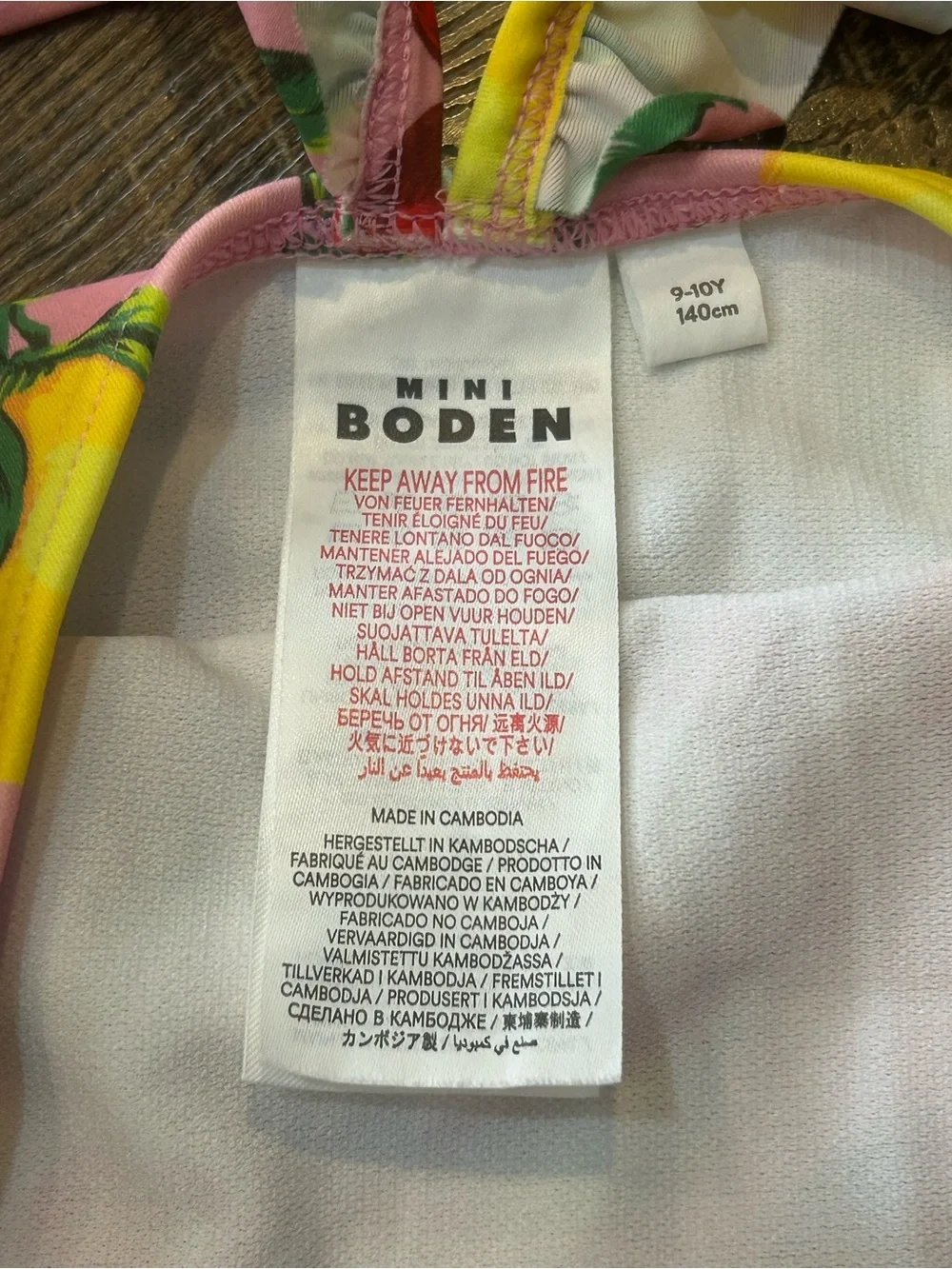 Mini Boden Pink One-Piece Swimsuit with Yellow Lemon & Red Cherry Print 9-10